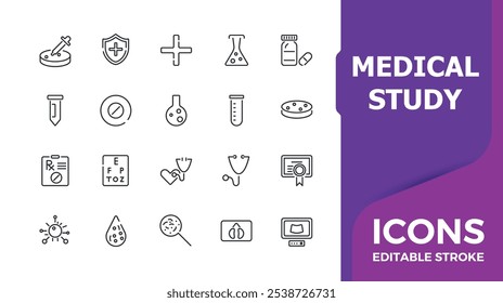 Medical Study icon set. Includes minimalist thin line health, medicine, scientific, clinical, hospital, laboratory and more. Outline icon collections. Editable stroke.