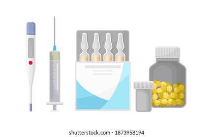 Medical Stuff Vector Set. Different Medicines and Tools Used in Hospital