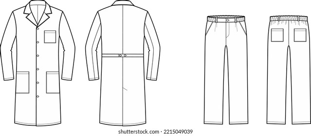 Medical suit flat sketch. Gown pants apparel design. Virus coronavirus covid19 protection. Men CAD mockup. Technical drawing. Vector illustration.