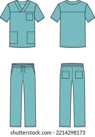 Medical suit flat sketch. Shirt pants design. Front back. Virus coronavirus covid19. Men CAD mockup. Technical drawing template. Vector illustration. 