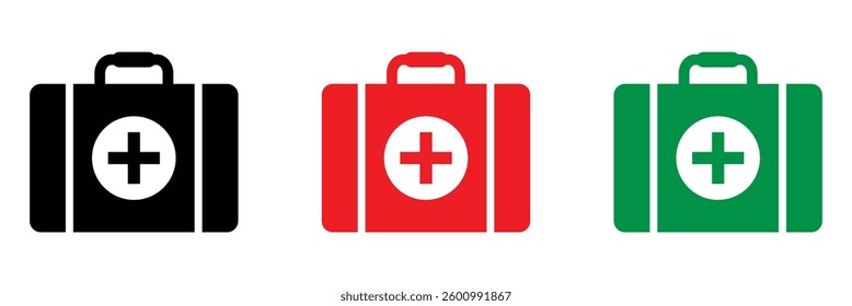Medical suitcase icon. First aid kit symbols. Emergency care and pharmacy signs. Black, red and green vector illustration.