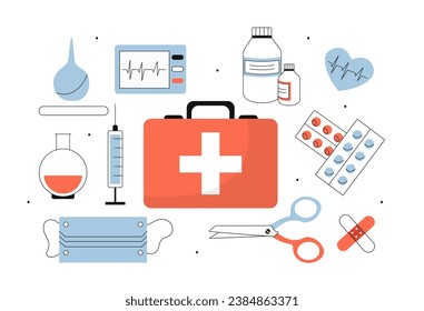 Medizinischer Koffer-Set. Erste Hilfe mit Tabletten und Medikamenten. Schere und Spritze mit Nadel. Gesundheitsversorgung und Behandlung. Lineare, flache Vektorgrafik, einzeln auf weißem Hintergrund