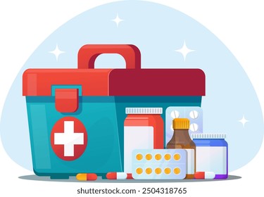  Medical suitcase with pills and first aid medicines