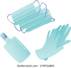 Medical supplies, antiseptic disposable masks, gloves. Prevention of Coronavirus infection. Light blue design.