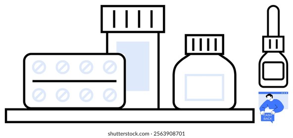 Medical supplies arranged on a shelf including blister pack of tablets, medicine bottles and small carton. Ideal for pharmacy, healthcare, medical, medication, and clinic settings. Clean, minimalist