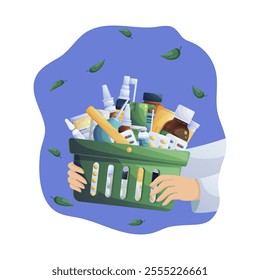 Medical supplies and supplies in a basket held by hands. Cartoon vector illustration for website, banners, flyers.. Online pharmacy with home delivery-medicines, prescription medicine ordering