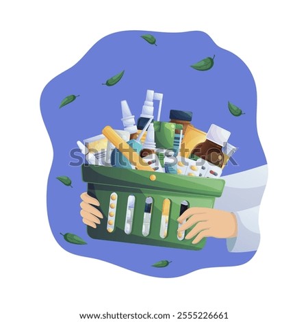 Medical supplies and supplies in a basket held by hands. Cartoon vector illustration for website, banners, flyers.. Online pharmacy with home delivery-medicines, prescription medicine ordering