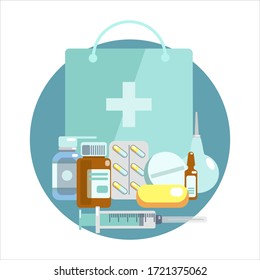 Medical Supplies, Bottles Liquids, Bag, Syringe, Enema, Pills Vector Flat Illustration. Pharmacy Purchases. Drugstore Concept. Delivery Online Pharmacy. Template For Landing Page, Banner, Card