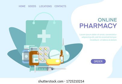 Medical supplies, bottles liquids, bag, syringe, enema, pills vector flat illustration. Pharmacy purchases. Drugstore Concept. Delivery online pharmacy. Template landing page, banner, card