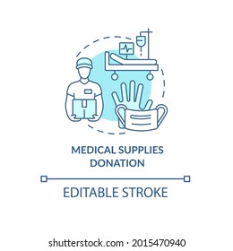 Medical supplies donation concept icon. Humanitarian aid delivery. Charitable hospitals equipment abstract idea thin line illustration. Vector isolated outline color drawing. Editable stroke