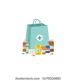 Medical supplies, drugs and pills in containers flat cartoon vector illustration isolated on white background. Online pharmacy or drugstore, healthcare clinic element.