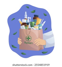 Medical supplies and supplies in a paper bag held by hands. Cartoon vector illustration for website, banners, flyers.. Online pharmacy with home delivery-medicines, prescription medicine ordering