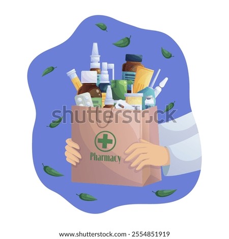 Medical supplies and supplies in a paper bag held by hands. Cartoon vector illustration for website, banners, flyers.. Online pharmacy with home delivery-medicines, prescription medicine ordering