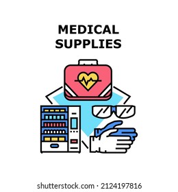 Medical Supplies Pharmacy Medicine. Health Hospital Equipment. Doctor Supplies. Emergency Treatment Vector Concept Color Illustration