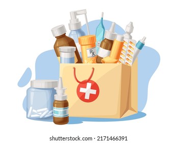 Medical supplies. Pharmacy purchases in paper bag, goods for treatment and health care objects from drugstore cartoon vector illustration. Medical pharmacy health and drugstore bag