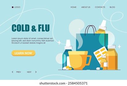 Medical supplies, pills, and hot tea for cold and flu treatment in a modern flat style on a blue background. Healthcare and wellness concept