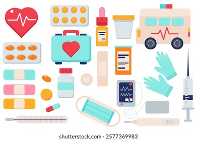 Medical supplies set in flat graphic design. Collection elements of cardio heart, pills, tablets, ambulance, first aid kit, pharmacy, plaster, thermometer, mask, gloves, other. Vector illustration.