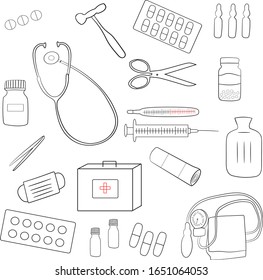 A medical supplies, set on a white background. Medical instruments. Black lines. Isolated objects.