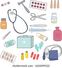 A medical supplies, set on a white background. Medical instruments.. Isolated objects.