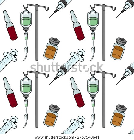 Medical supplies vector pattern with syringes, IV bags, and vials