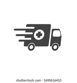 Medical Supply Delivery Truck Sign. Drugs, Pills, Tablets, Pharmaceutical Medicine Cargo Transport Lorry. Black White Vector Illustration. Product Service Brand Logo. Board, Label, Banner. App Icon.