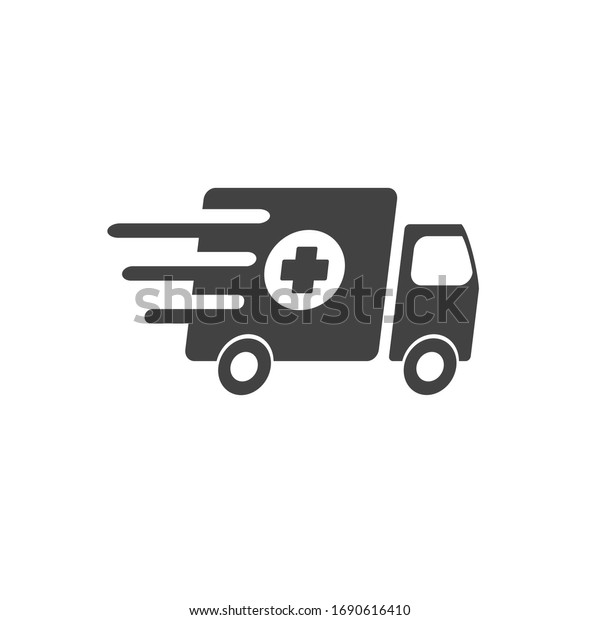 Medical supply delivery truck sign. Drugs, pills,\
tablets, pharmaceutical medicine cargo transport lorry. Black white\
vector Illustration. Product service brand logo. Board, label,\
banner. App icon.