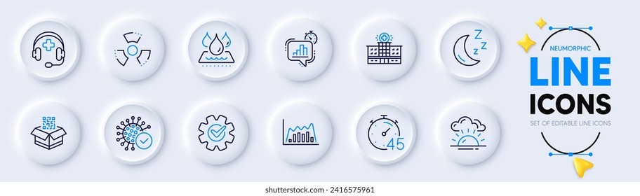 Medizinische Unterstützung, Chemical Hazard und Infografik Graphen Linien Icons für Web App. Paket mit Sonnenuntergang, Krankenhausgebäude, wasserdichte Piktogramme. Coronavirus, Timer, Mondschilder. Neumorphe Knöpfe. Vektorgrafik