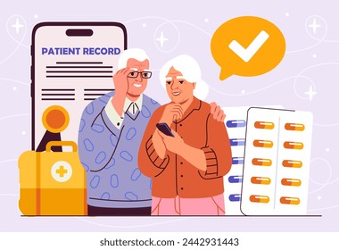 Medizinische Betreuung älterer Menschen. Alter Mann und Frau in der Nähe von Tabletten und Medikamenten, Tabletten. Gesundheitswesen und Medizin, Behandlung. Cartoon flache Vektor-Illustration isoliert auf violettem Hintergrund