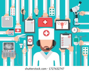 Medical support gynecology flat design with medical consultant. Vector illustration