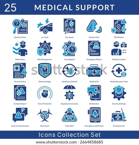 Medical Support icon set collection in solid glyph style. an icon pack contain identity check, car crash, fire report, broken alert, risk report, police rank, risk management