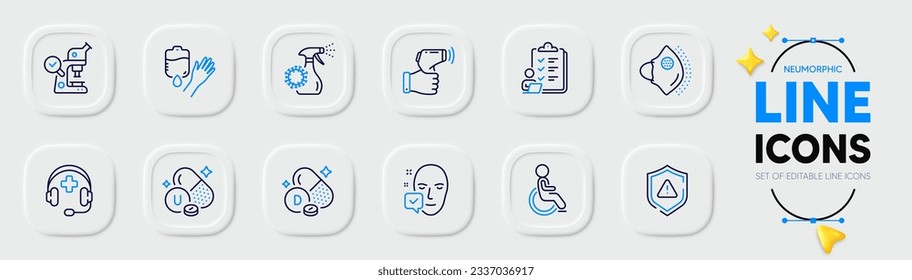 Soporte médico, íconos de línea Escudo y Discapacidad para aplicación web. Paquete de vitamina d, aceptada cara, iconos de pictograma de Coronavirus. Vitamina u, termómetro electrónico, señales de sangre. Vector