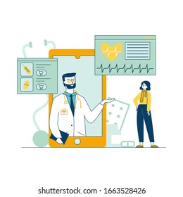 Medical support and treatment via smartphone. Online mobile medicine vector illustration. Online doctor consultation, assistance and pharmaceutics app concept for banner, or landing web page