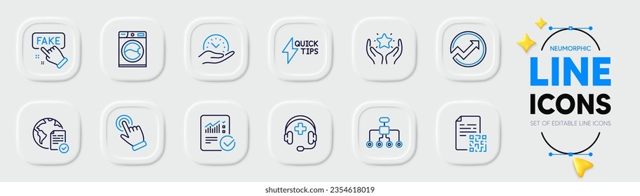 Medical support, Washing machine and Restructuring line icons for web app. Pack of Safe time, Audit, Checked calculation pictogram icons. Online voting, Ranking, Fake information signs. Vector