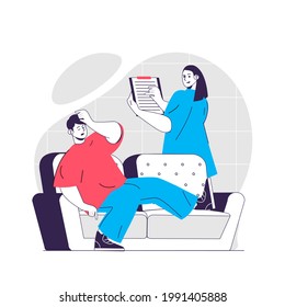 Medical support web concept. Doctor examines sick patient with disease symptoms. Healthcare people scene. Flat characters design for website. Vector illustration for social media promotional materials