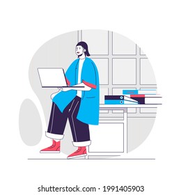 Medical support web concept. Doctor or nurse working on laptop in her office. Healthcare people scene. Flat characters design for website. Vector illustration for social media promotional materials