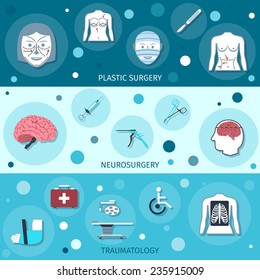 Medical surgery banners set with plastic neurosurgery traumatology isolated vector illustration