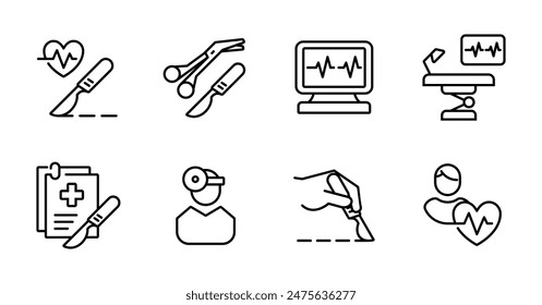 conjunto de iconos de operaciones de cirugía médica para el tratamiento de enfermedades de cuidado de la salud herramienta de cuchilla de Vector ilustración de línea para Web y App