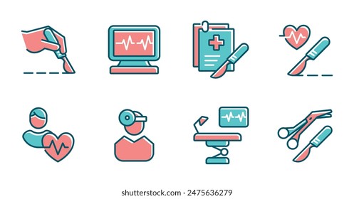 Medizinische Chirurgie Operation Icon Set Gesundheitsversorgung Behandlung Chirurgie Messer Tool Krankenhaus Notfall Chirurg Vektorillustration