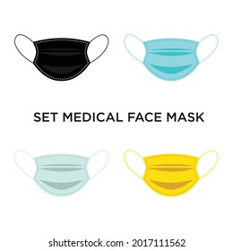 Medical or Surgical Face Mask black, white, yellow, light blue, aqua, turquoise. Virus protection, health care. Corona virus, pandemic. Breathing Breathing Mask. Set of vector illustrations. Flat medi