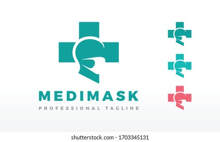 Medical Surgical Face Mask Logo Design With Plus Sign Vector Icon Illustrations.