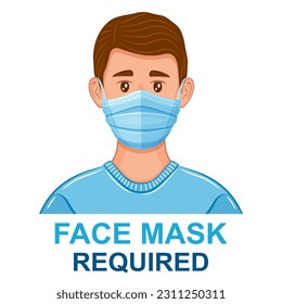 Medical surgical face mask wear required, hospital warning sign. Human respiratory breathing medicine protection from virus. Sick man, doctor cover mouth, nose. Prevention spread flu infection. Vector