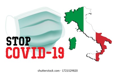 medical surgical facemask with "Stop Covid19" Text concept for covid19 corona virus outbreak situation on italy map vector illustrations
