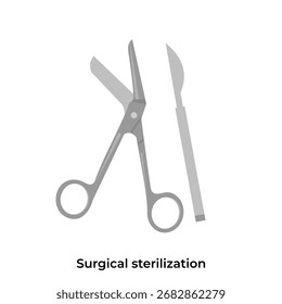 Ferramentas cirúrgicas médicas, incluindo tesoura e bisturi, usadas em procedimentos como esterilização, estilo de design de arte plana.

