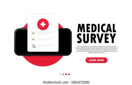 Medical Survey Illustration. Health Medical Document Check Up List Online On Smartphone. Checklist Test Results. Life Insurance Or Healthcare Concept. Vector On Isolated White Background. EPS 10