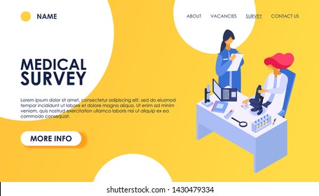 Medical survey vector woman man patient character has medic check up examination by doctor at hospital illustration set of people checked by physicians in clinic healthcare background