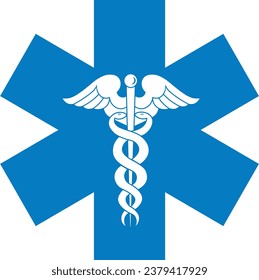 Medical symbol blue caduceus. Star of Life with Rod of Asclepius. Medical Snake logo icon isolated on white background. First aid. Emergency symbol. Vector illustration.