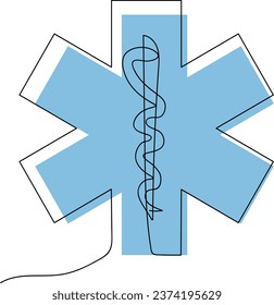 Medical symbol blue Star of Life with Rod of Asclepius icon. One continuous line drawing. Isolated on white background. Continuous one line. Line art. First aid. Emergency symbol. Vector illustration.