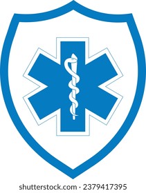 Medical symbol blue Star of Life with Rod of Asclepius icon. Shield, protection. Isolated on white background. First aid. Emergency symbol. Vector illustration.