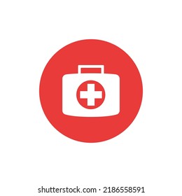 Medical symbol in a briefcase. Red cirtculo, white suitcase and white cross. White items on red circular background