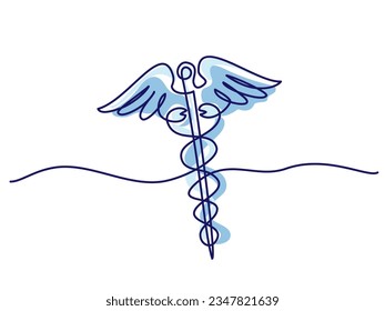 Medical symbol caduceus. Continuous One line drawing on white background. Vector illustration Colored single line art